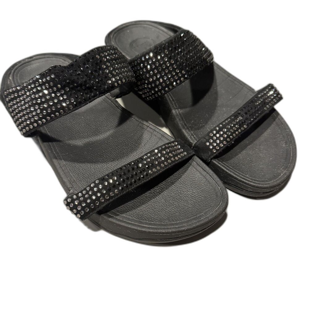 FitFlop Suede Slide On Sandals Rhinestone Comfort Supportive Black Women sz 9